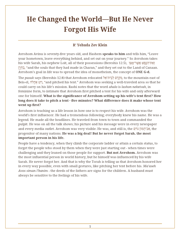 First page preview of He Changed The World - But Never Forgot His Wife - R' Yehuda Zev Klein