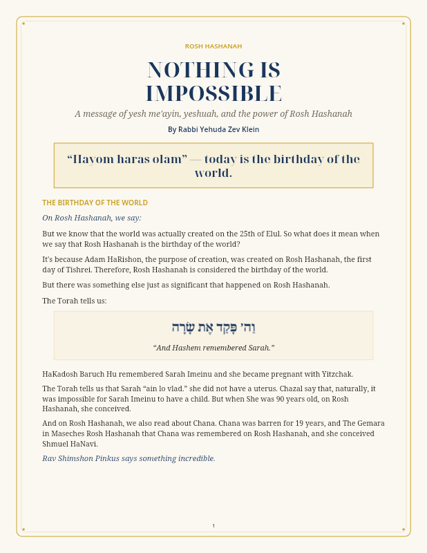 First page preview of Rosh Hashanah Nothing is Impossible - Rabbi Yehuda Zev Klein