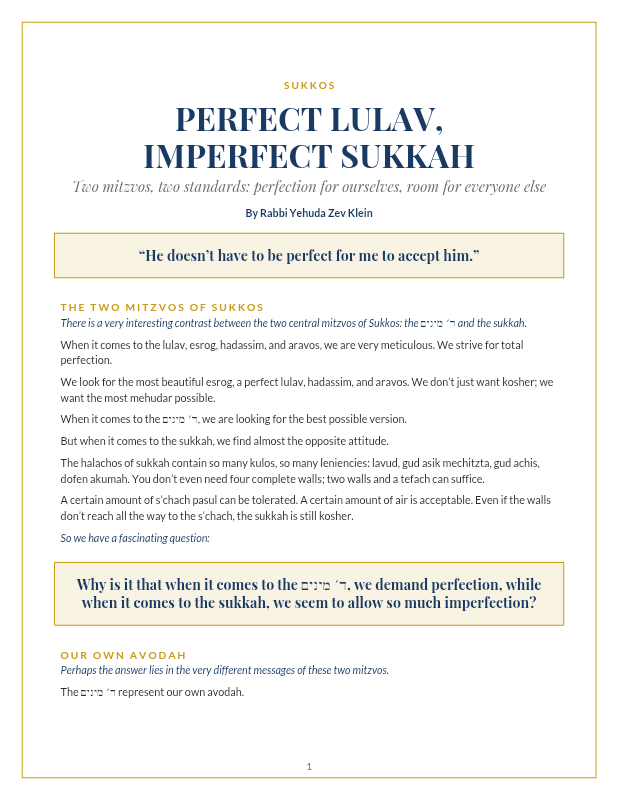 First page preview of Perfect Lulav, Imperfect Sukkah - Rabbi Yehuda Zev Klein