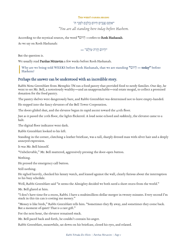 First page preview of On The Parsha - Rabbi Yehuda Zev Klein