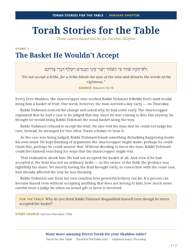 First page preview of Shabbos Table Torah Stories — TorahForTheTable.com