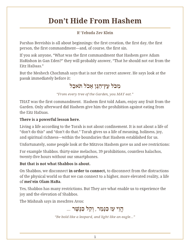 First page preview of Dont Hide From Hashem R Yehuda Zev Klein