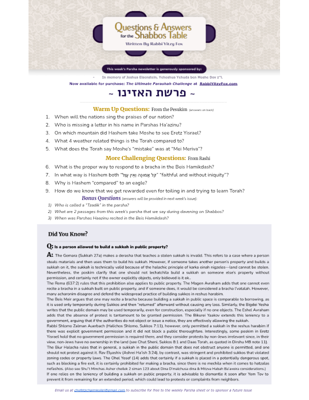 First page preview of Parsha Questions & Answers - Rabbi Yitzy Fox