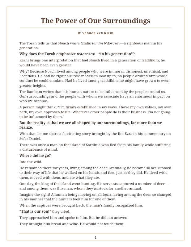 First page preview of The Power of Our Surroundings  - R' Yehuda Zev Klein