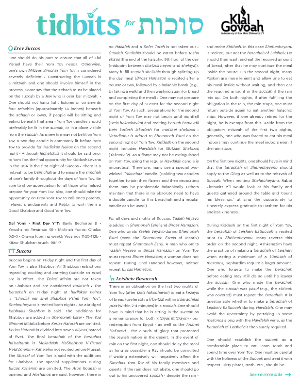 First page preview of Tidbits For Sukkos