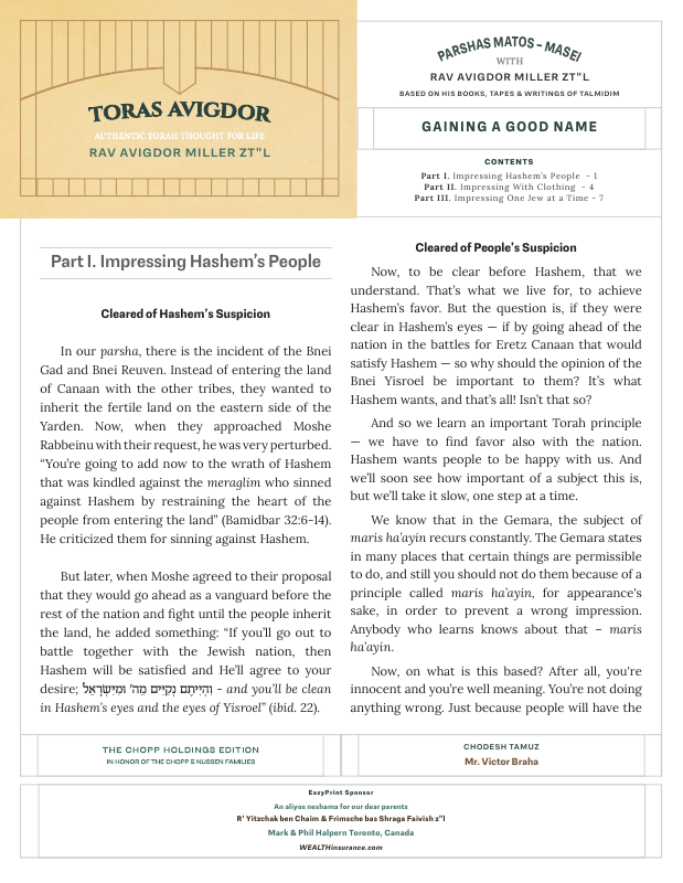 First page preview of Toras Avigdor